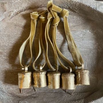 Hanging Brass Finish Decorative Baubles Ochre Velvet Ribbon - Set of 10