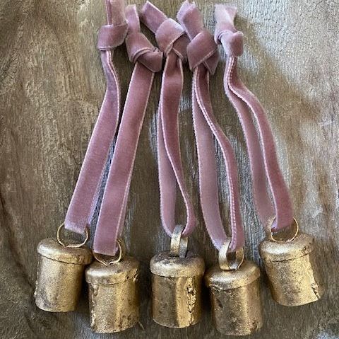 Hanging Brass Finish Decorative Baubles Rose Velvet Ribbon - Set of 10