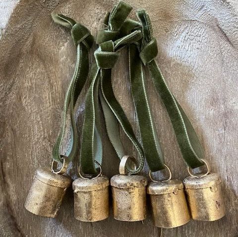 Hanging Brass Finish Decorative Baubles Olive Green Velvet Ribbon - Set of 5