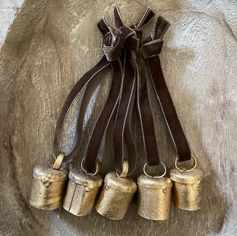 Hanging Brass Finish Decorative Baubles Brown Velvet Ribbon - Set of 5