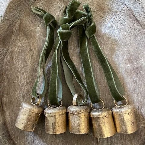 Hanging Brass Finish Decorative Baubles Olive Green Velvet Ribbon - Set of 10