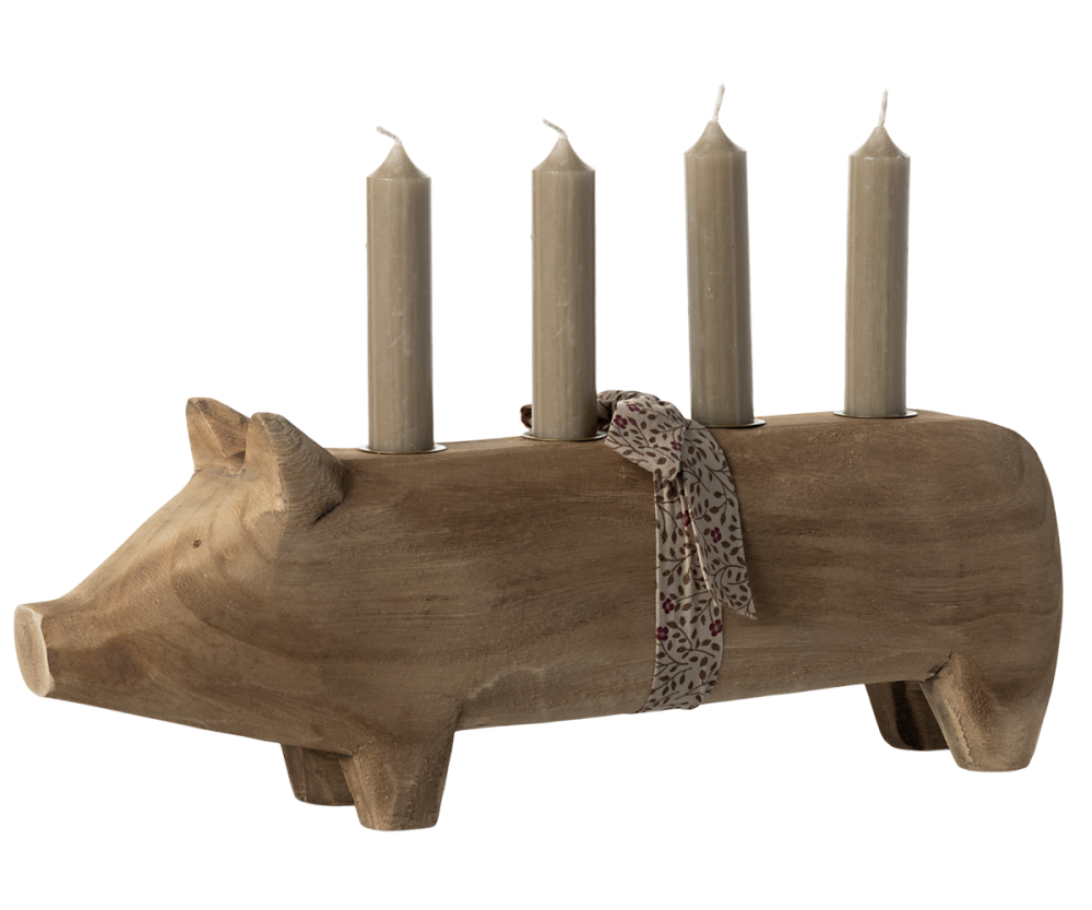 Maileg Large Wooden Pig Candle Holder - Nature 38cm
