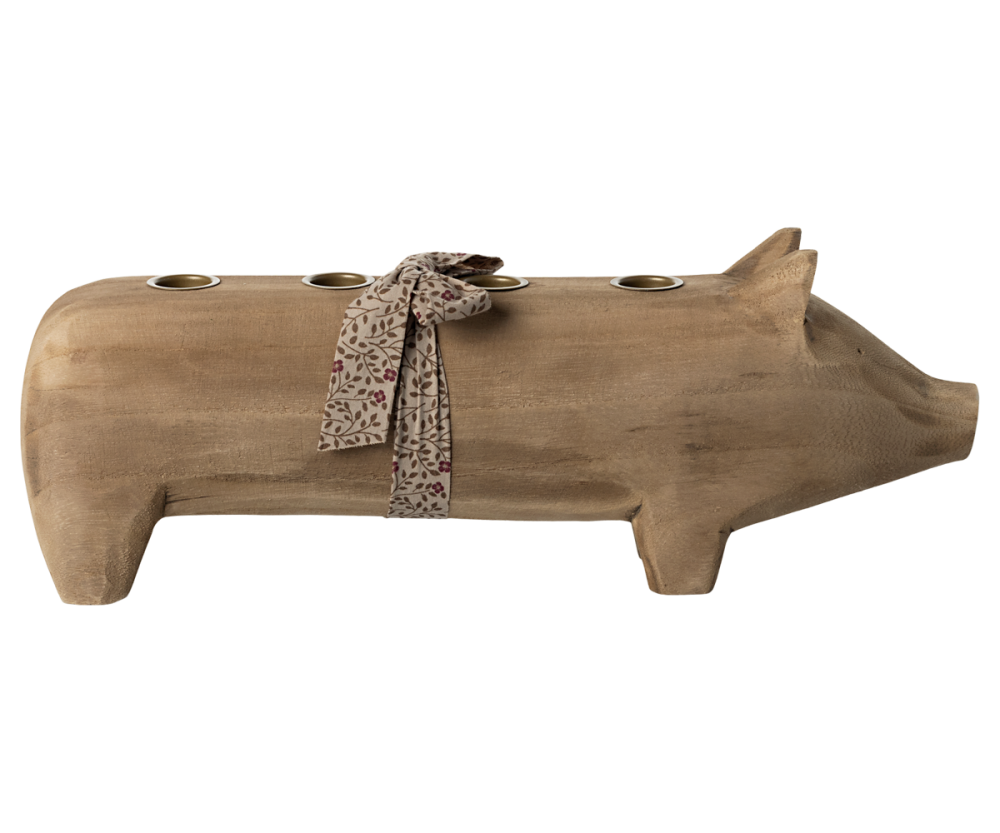 Maileg Large Wooden Pig Candle Holder - Nature 38cm