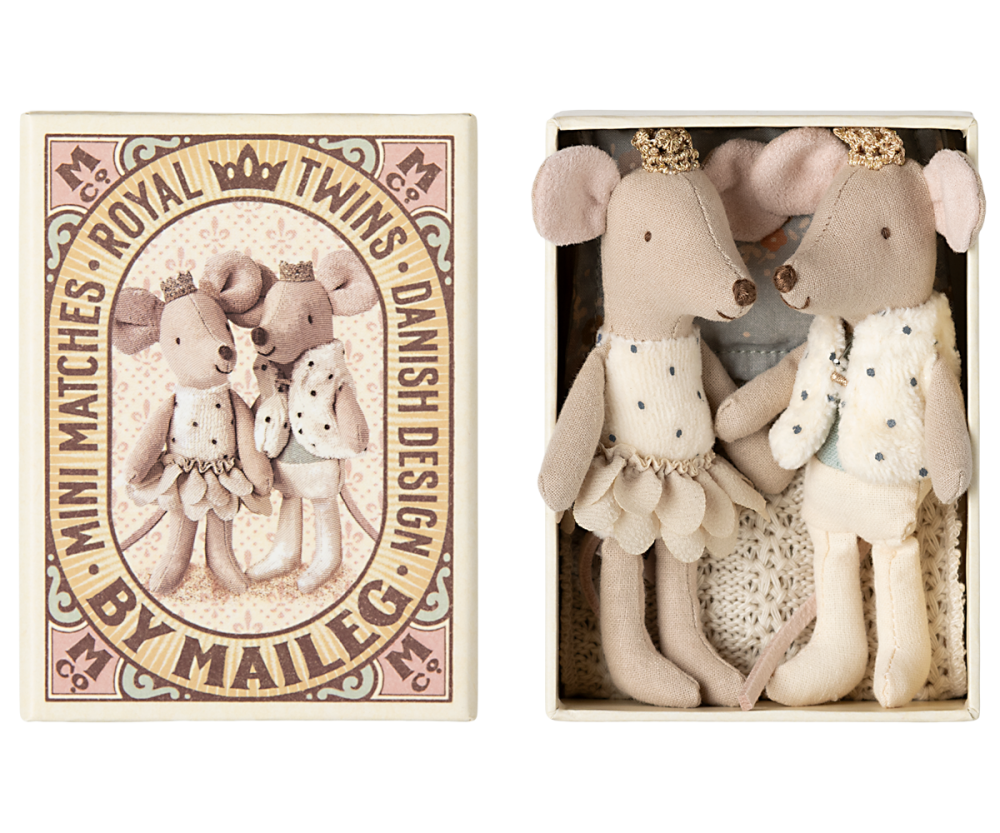 Maileg Royal Twin Mice in Matchbox Prince and Princess