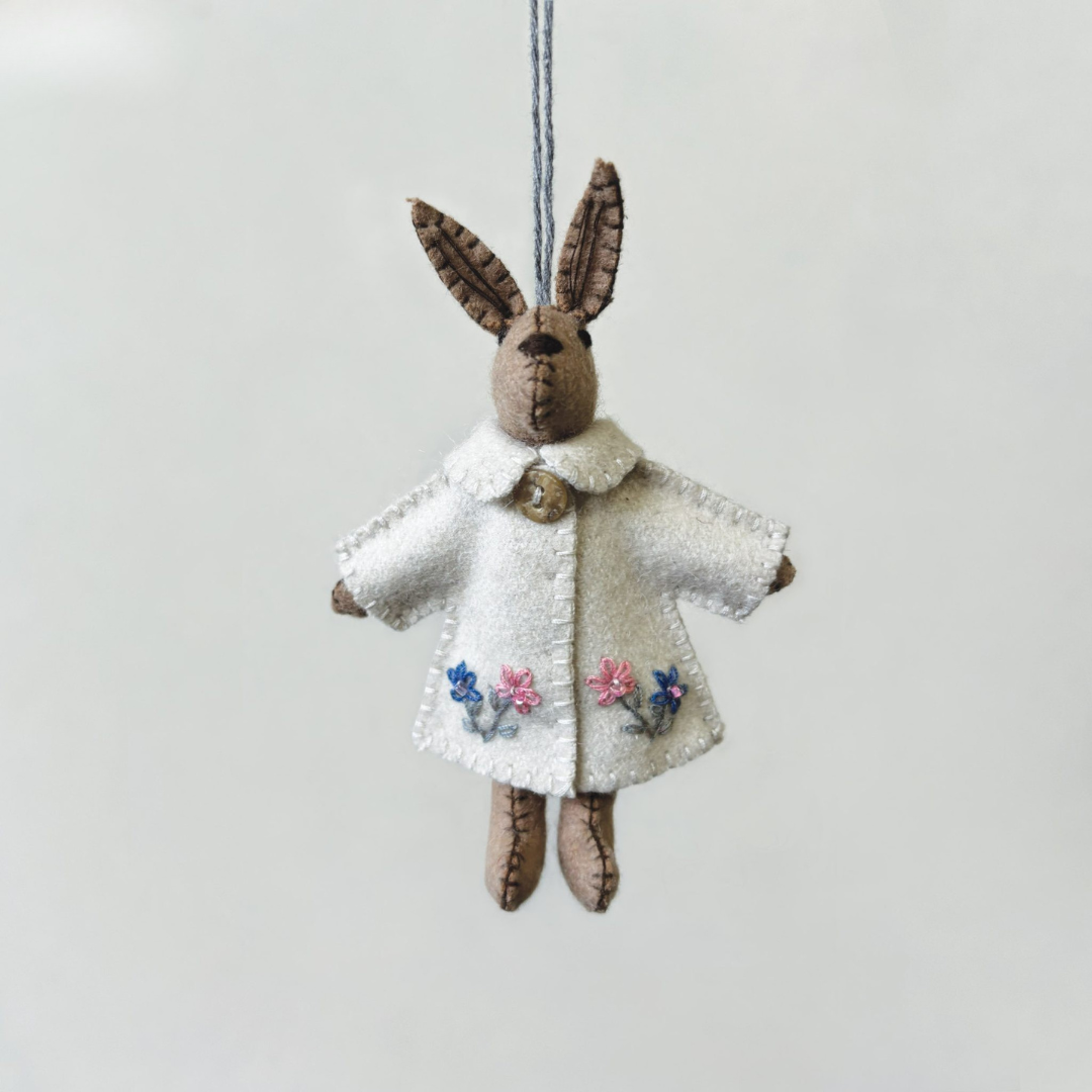 East of India Little White Felt Rabbit - Embroidered Coat
