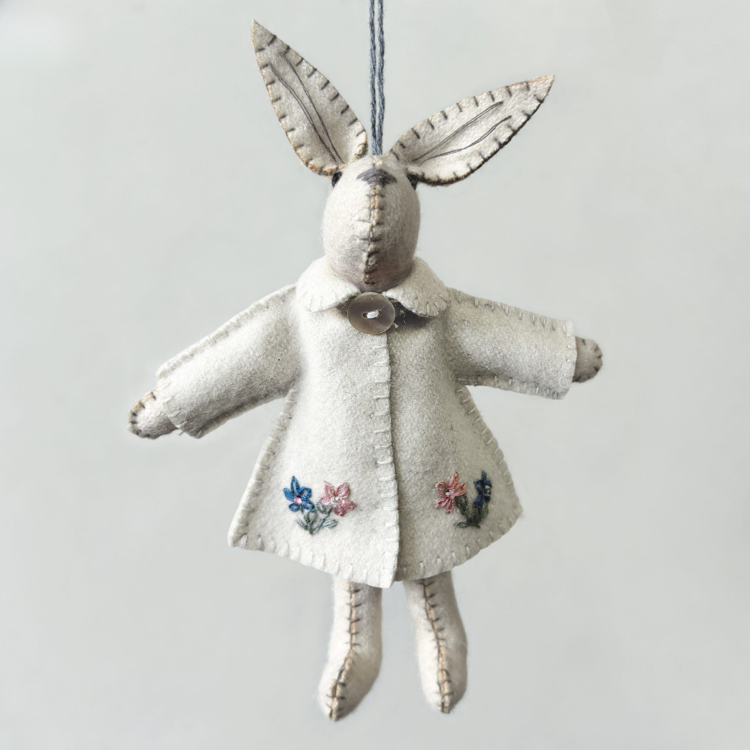 East of India White Felt Rabbit - Embroidered Coat