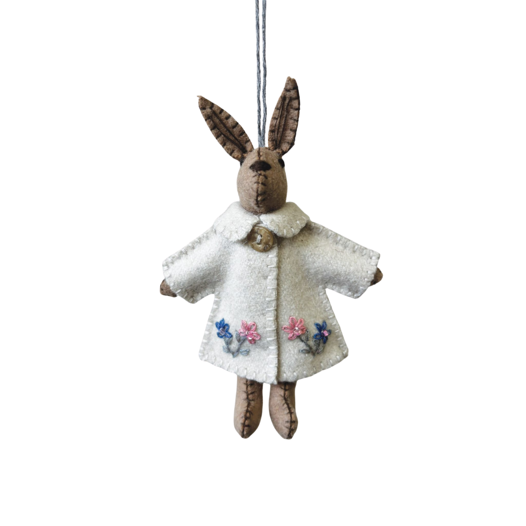 East of India Little White Felt Rabbit - Embroidered Coat
