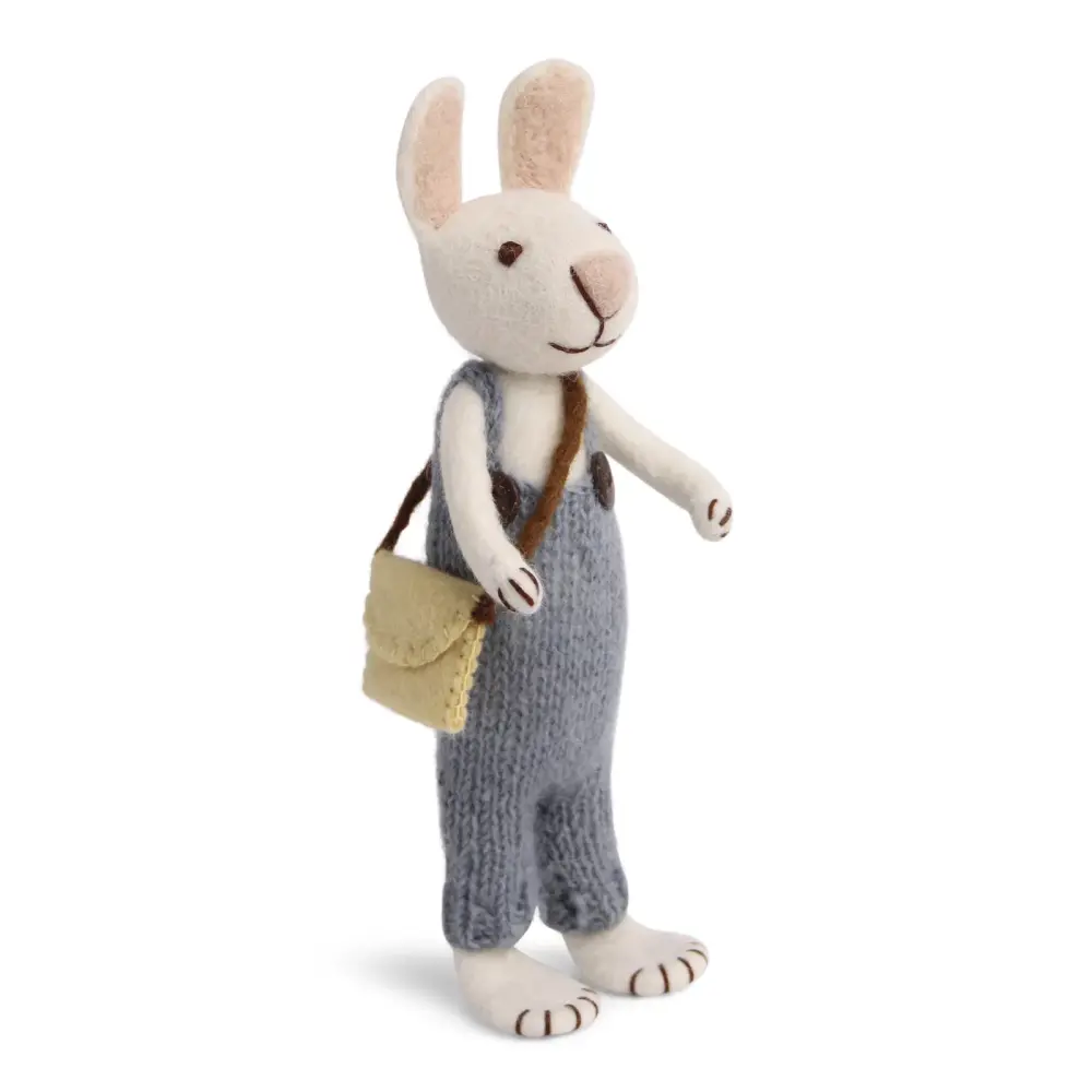 Gry & Sif Big White Felt Bunny - Blue Pants & Bag
