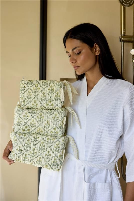 Organic Cotton Toiletry Bag Floral Lattice Cream - Large