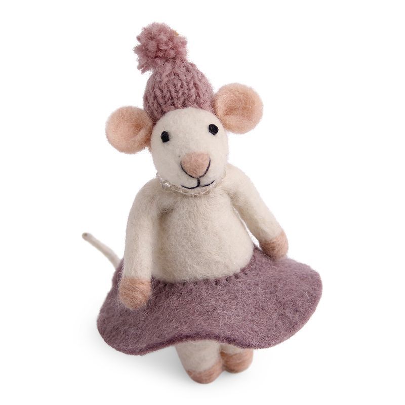 Gry & Sif Small White Mouse - Purple Dress, Bobble Hat and Necklace