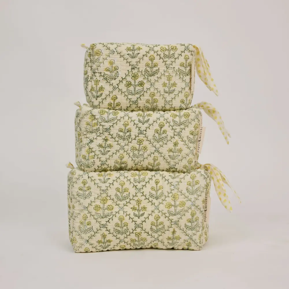 Organic Cotton Toiletry Bags Floral Lattice Cream - Set of 3