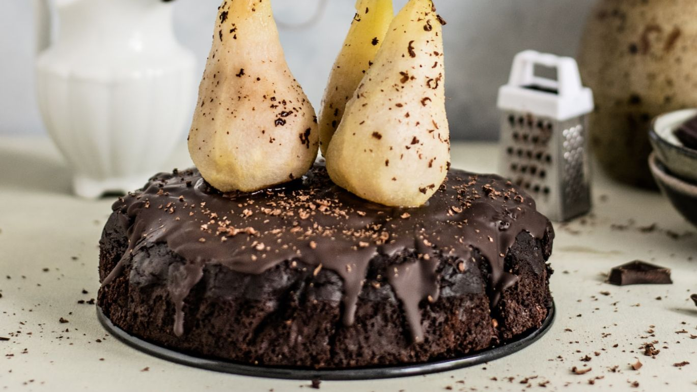 Pear topped chocolate cake