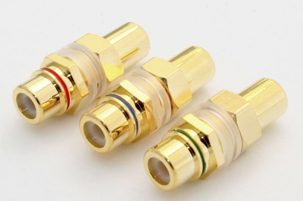 RCA-FF component Set of three gold plated, color (red/blue/green) coded RCA-FF with mounting nut. #OEM-RCA-FF-3-RGB