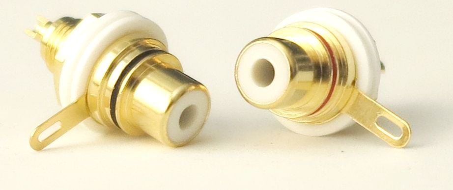 RCA connectors for chassis/bulkhead mount. 1 pair, gold plated, color coded (red and white). #RCA-FS-RW-1120