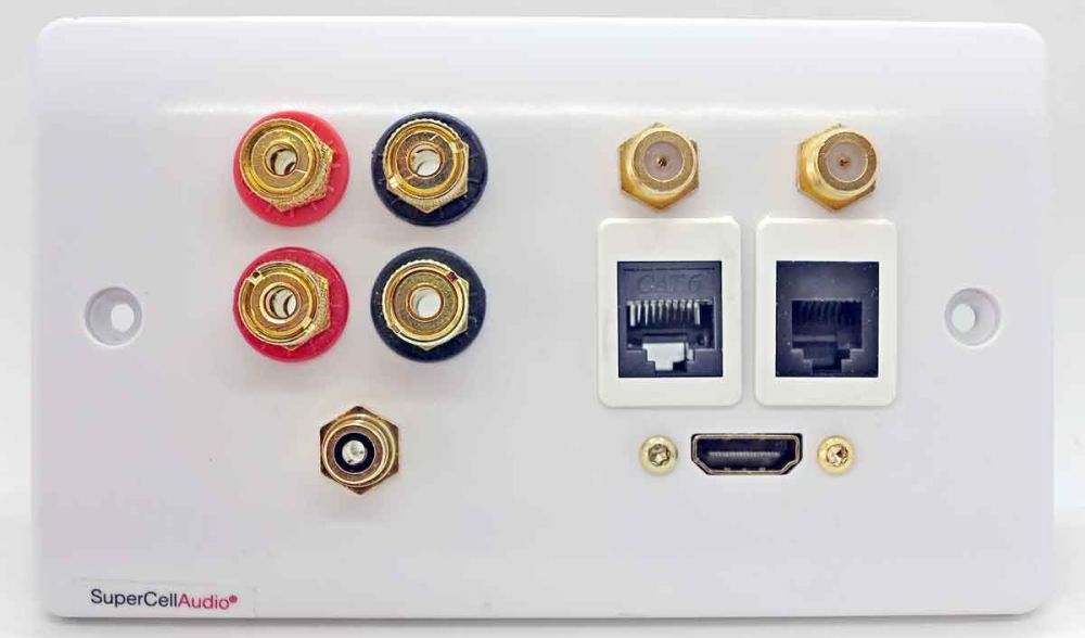 Wall plate with conections for 1 HDMi,  4 binding posts, 2 coax, 1 RCA, 1 Network and 1 Telephone.