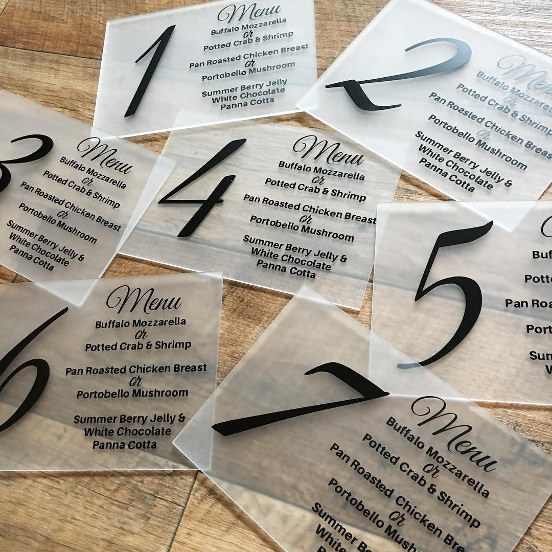 frosted acrylic table numbers with wedding breakfast menu