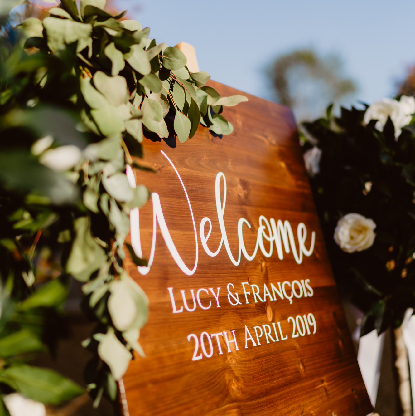 Pine wooden wedding welcome sign