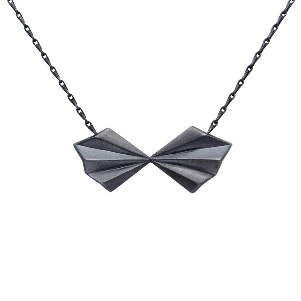 Pleated Bow Necklace in oxidised silver