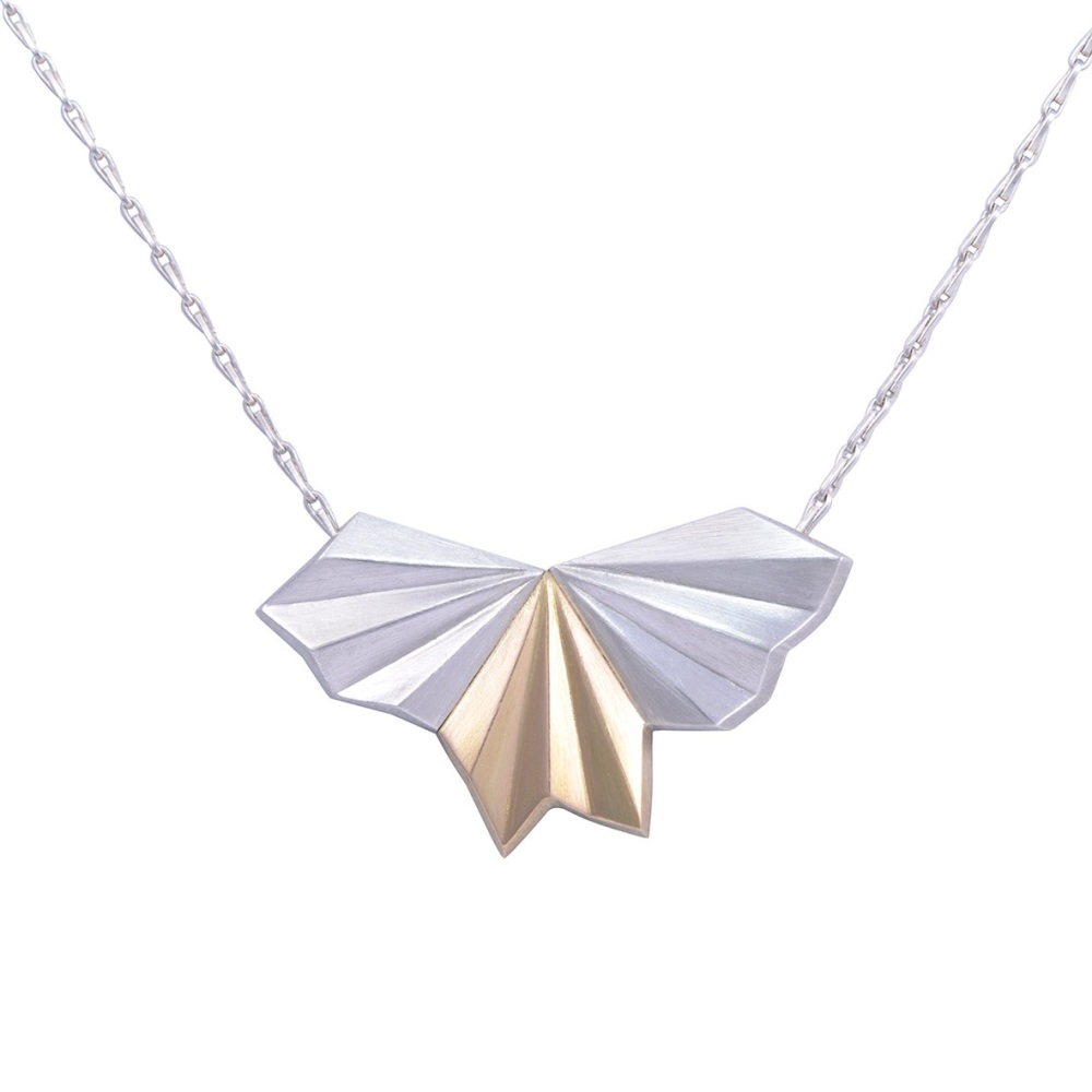 Silver &amp; 18ct Gold Pleated Wings Necklace by Alice Barnes Jewellery