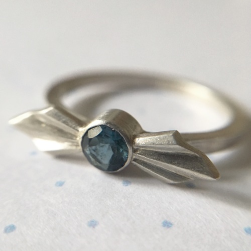 Pleated Silver Bow Ring with London Blue Topaz