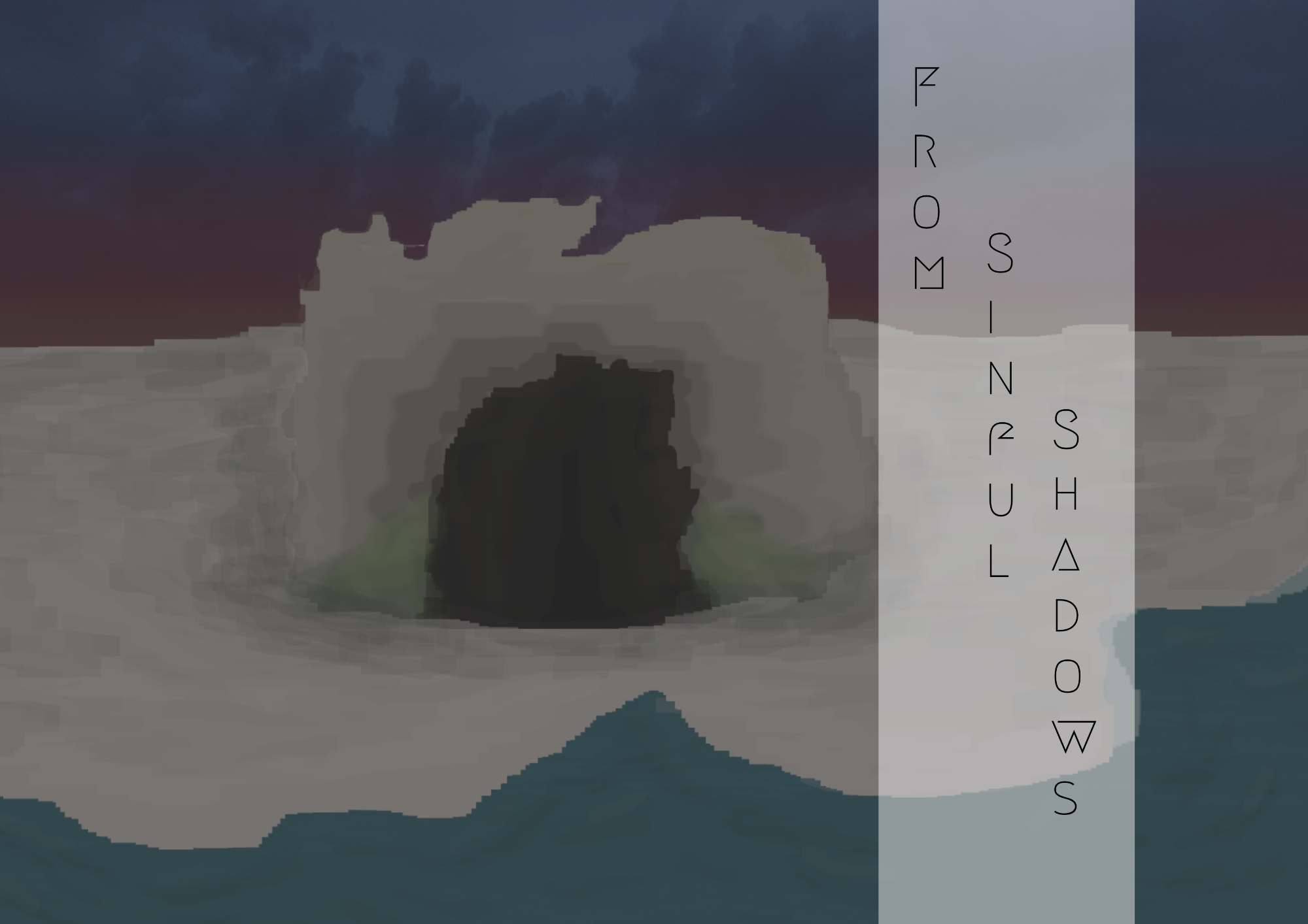 Digital art of a blocky cave with moss growing at the bottom on an barren island with a sunset background. The title along the side