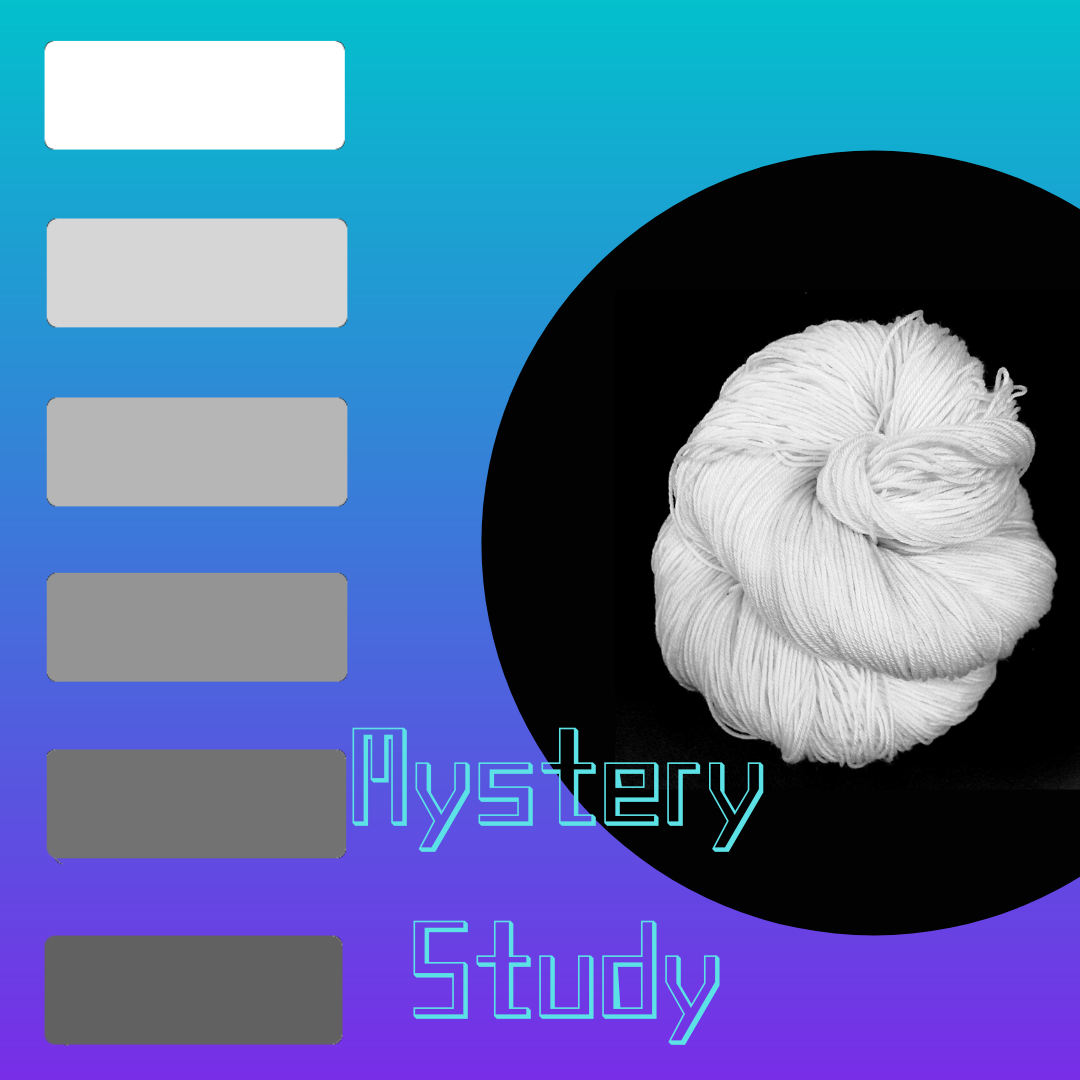 A monochromatic grey colour pallette  on a blue purple gradient background with an undyed skein wound up and higlighted next to it, the Words Mystery study in the middle