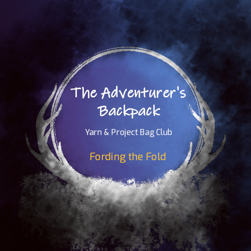 Shrouded in smoke and shadow is a white circle, bordered on the left and right side by white stags horns that fade away into  white mist below it. The word Adventurer's backpack yarn and project bag club. Fording the fold are in the circle in white and yellow  lightly obscuring a faded picture of alina starkov in blue purple tones looking towards the words.