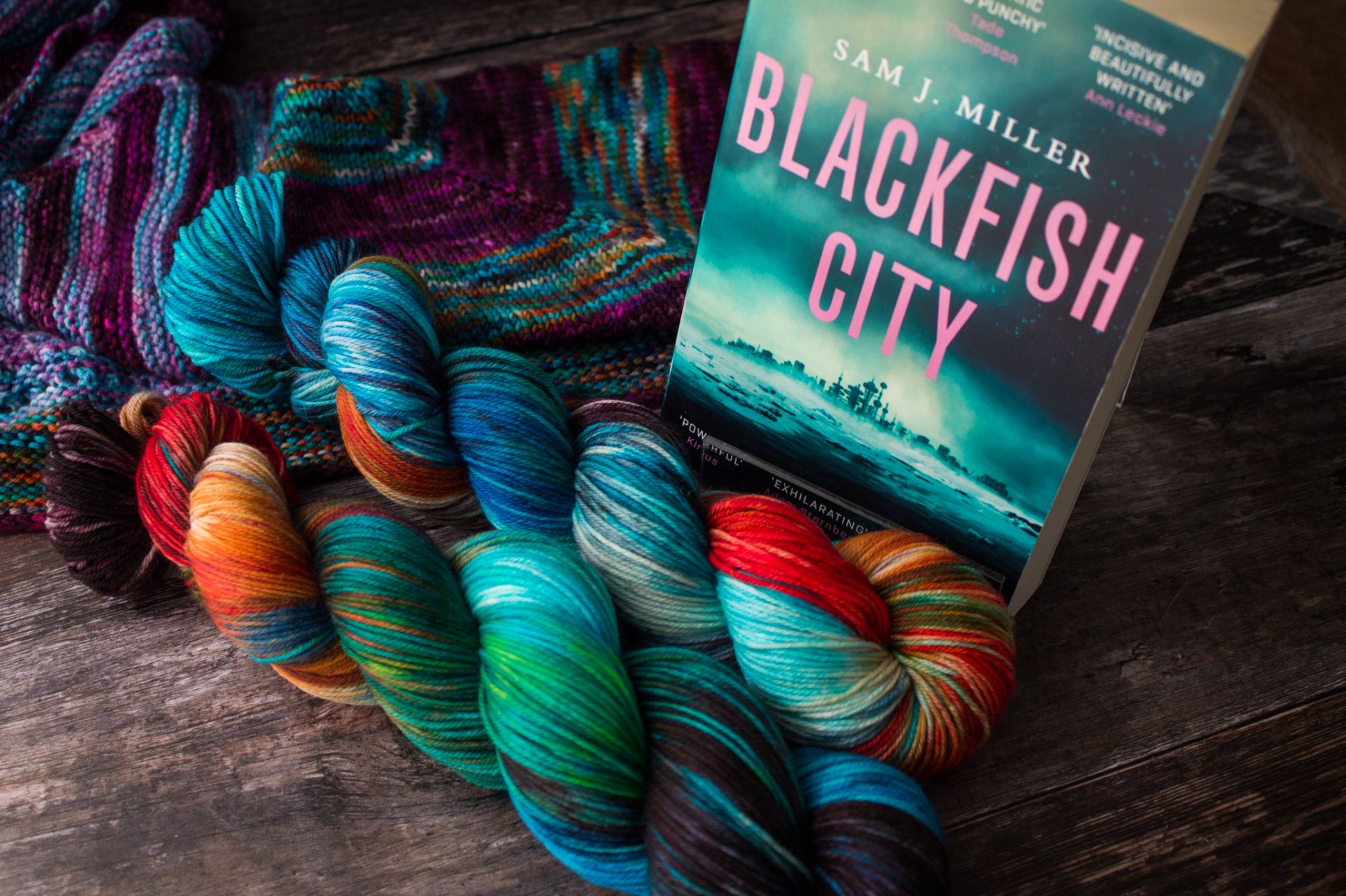 2 skeins of variegated blue teal, orange and deep plum in the foreground, with the book BlackFish City and knitting in the background