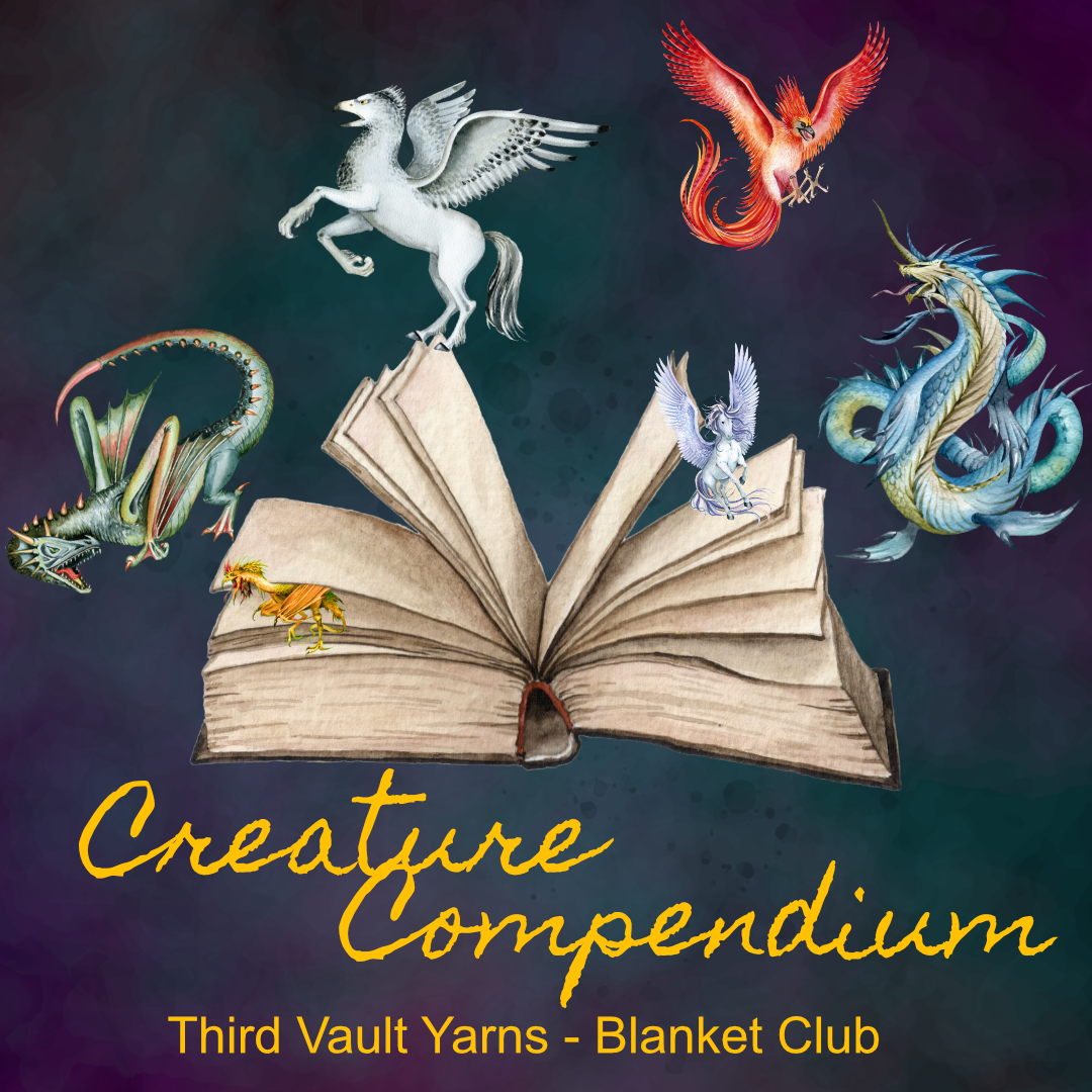 picture of a book with pages flying open and magical creatures flying out the words creature compendium third vault yarns blanket club at the bottom