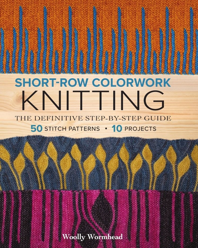 front cover of the short row colourwork knitting book featuring sections of the patterns and motives. 