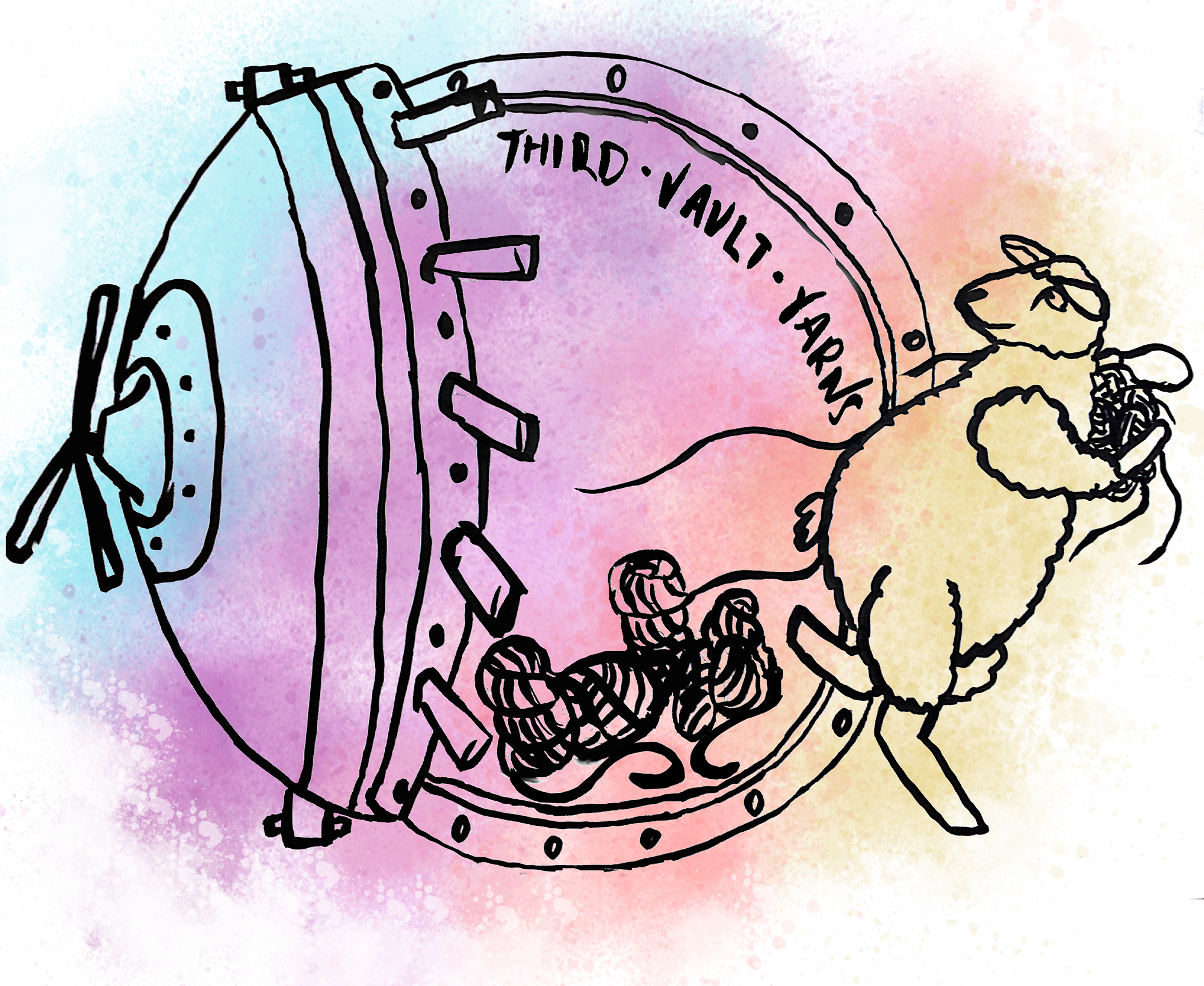 a sheep running away from a yarn filled bank vault with bundles of yarn in hand. text reads Third Vault Yarns