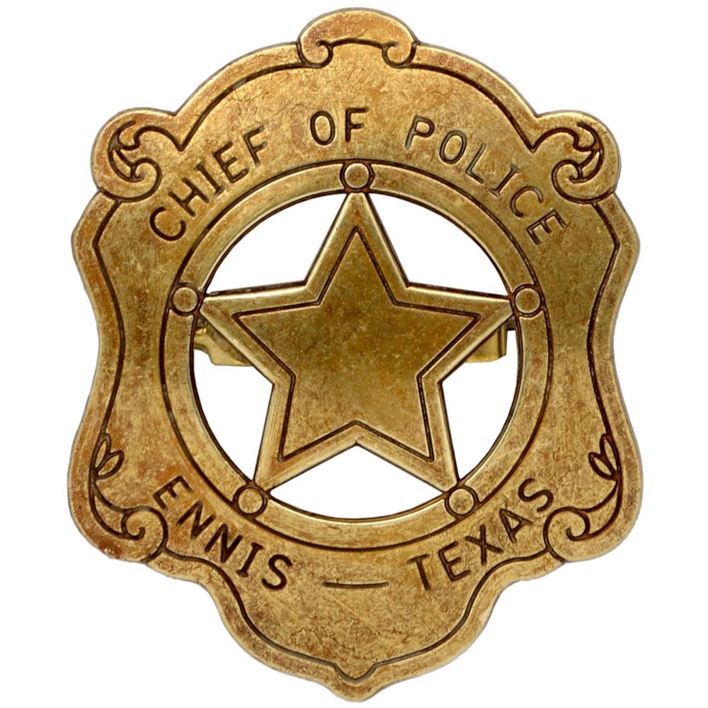 DENIX CHIEF OF POLICE ENNIS - TEXAS BADGE ANTIQUE BRASS COLOURED