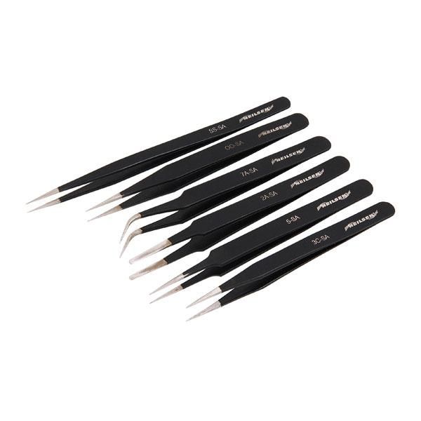 6pc  BLACK EPOXY COATED TWEEZERS SET