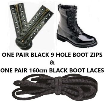 ONE PAIR BLACK BOOT ZIPS 9 HOLE PLUS ONE PAIR BLACK BOOT LACES 160cm LONG LENGTH