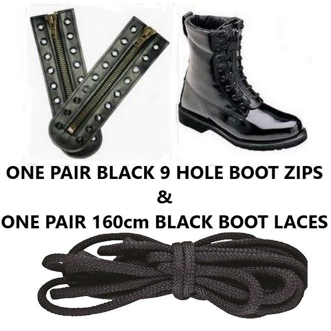 ONE PAIR BLACK BOOT ZIPS 9 HOLE PLUS ONE PAIR BLACK BOOT LACES 160cm LONG L