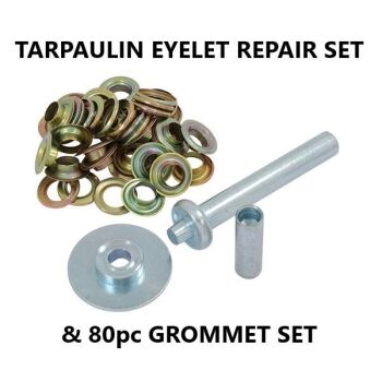 TARPAULIN EYELET CANVAS REPAIR SET & 80 GROMMET EYELETS (2469/0987)