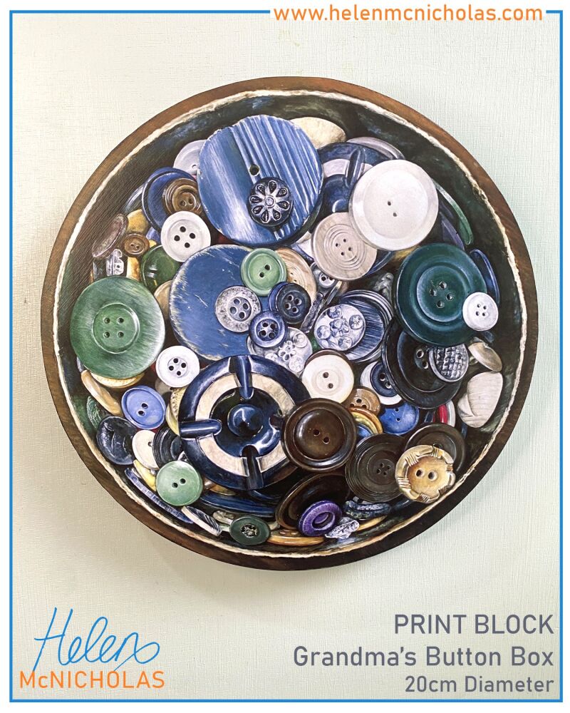 EXTRA LARGE ROUND PRINT BLOCK - 'GRANDMA'S BUTTON BOX'