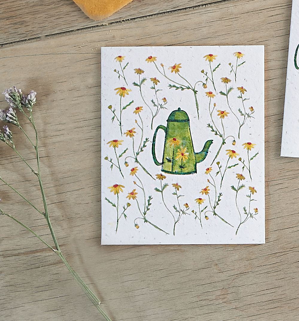 Chamomile Tea Pot and Flowers Card by Hannah Marchant 