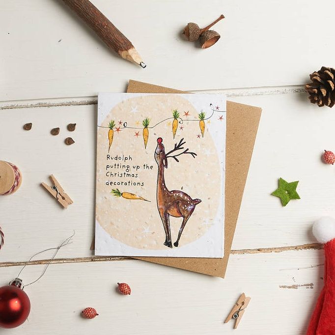 Rudolph Putting Up The Decorations Card by Hannah Marchant