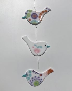 Trio of hanging White Opaque Birds with multi coloured mandala design