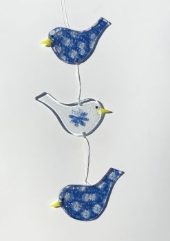 Trio of hanging Birds with blue and white daisy pattern