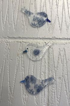 Trio of hanging Birds with blue floral design
