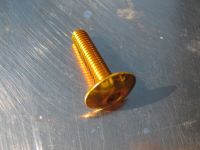 M 5 anodised pan head bolt, dome head bolt in various lengths. Sold individually. Colour gold. Aluminium.