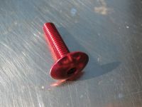 M 6 anodised pan head bolt, dome head bolt in various lengths. Sold individually. Colour red. Aluminium.