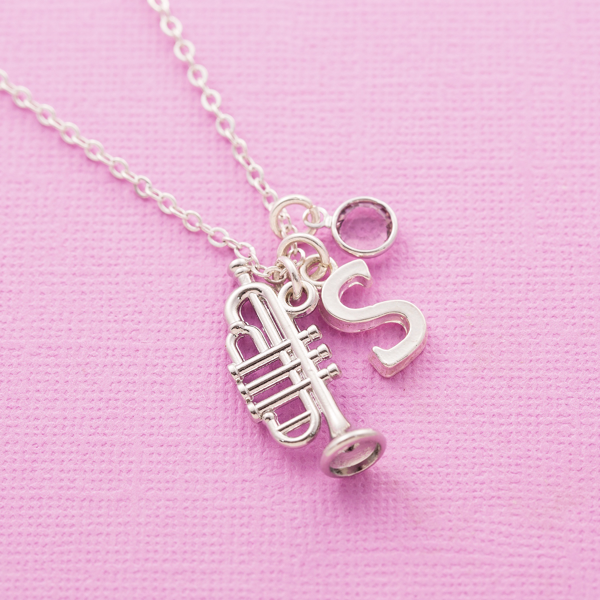 Trumpet Necklace with Personalized Initial Trumpet Initial Necklace, Trumpet Charm Necklace and Custom Bead Silver Trumpet Charm