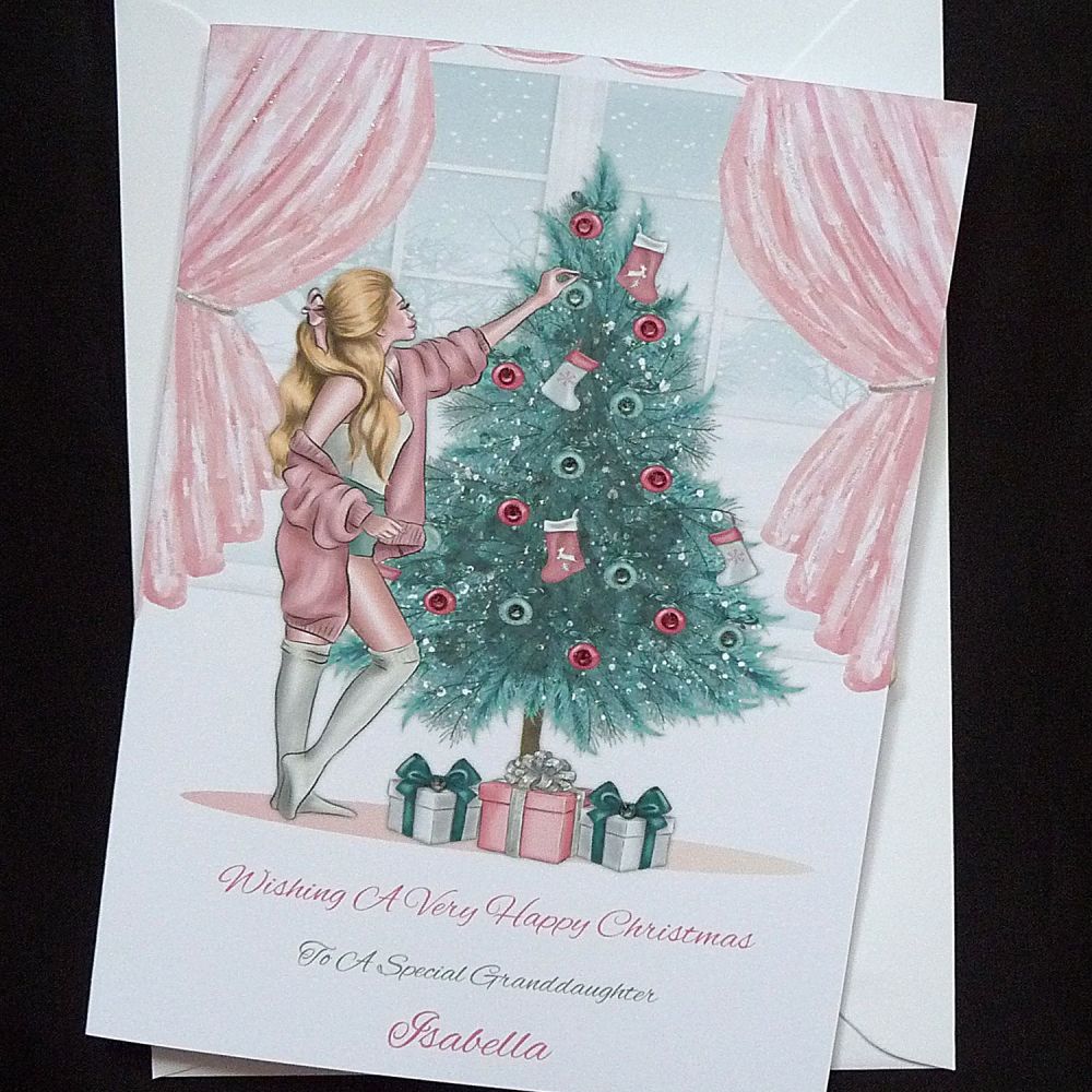 <!--005-->Personalised Christmas Card - Fashion Girl decorating a Christmas