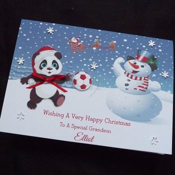 Personalised Christmas Card - Panda playing Football. Fabulous for little soccer fans