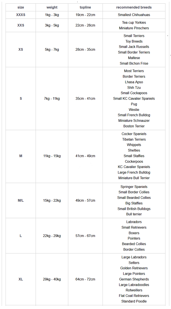 drying coat size chart