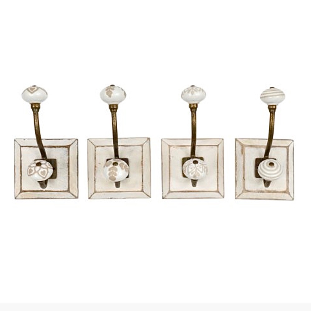 Double Ceramic Wall Hooks on vintage style wooden mount, double hangers,  decorative wall hooks, single hooks, home decor, interior accessory,  assorted ceramic wall hooks, where to find decorative mounted wall hooks in