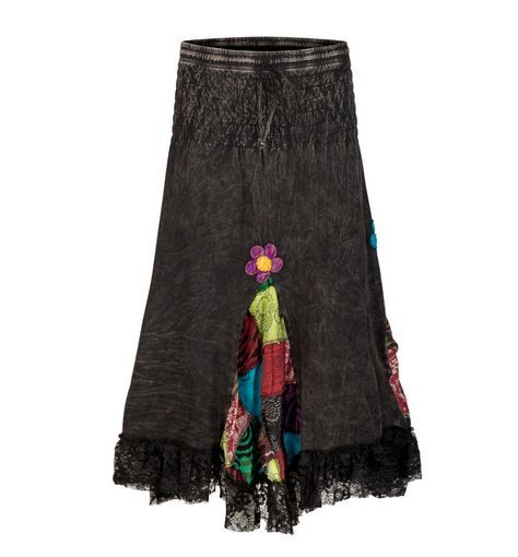 Mid length skirt with patchwork & lace (BLK)